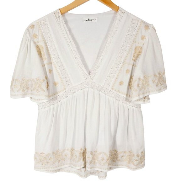 In Loom Tops - In Loom, Boho Top, Small, White with Tan Embroidery Detail and Lace Trim, Beachy